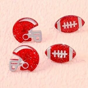 Red Glitter‎ Acrylic Earrings -Set of Stud Football Helmets & Footballs- New